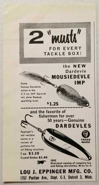 1957 Print Ad Dardevle & Mousiedevle Imp Fishing Lures Lou Eppinger Detroit,MI