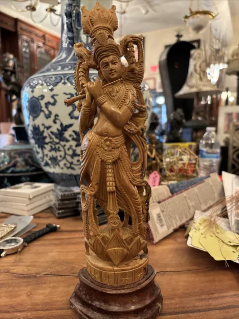 Intricate antique Indian Shiva Hindu  Play The Flute  Carved Wooden Statue.