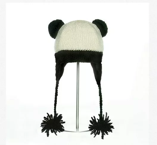 Black bear cap PANDA HAT knit ADULT deLux FLEECE LINED pom QUALITY white costume