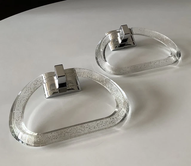 Mid Century Hall-Mack 2 Sparkle Glitter Lucite& Chrome Bath Rings / Wall Mounts