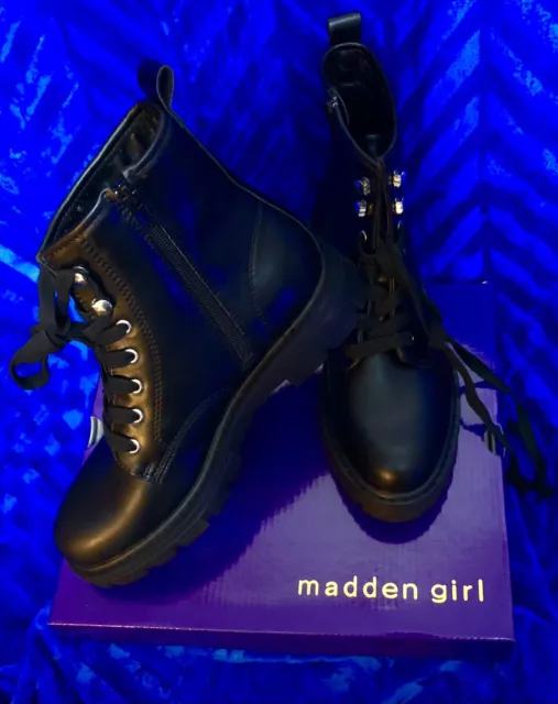 Madden Girl Black Combat Boots,Size 8,1.75” Heel,saw tooth Design Sole,NEW