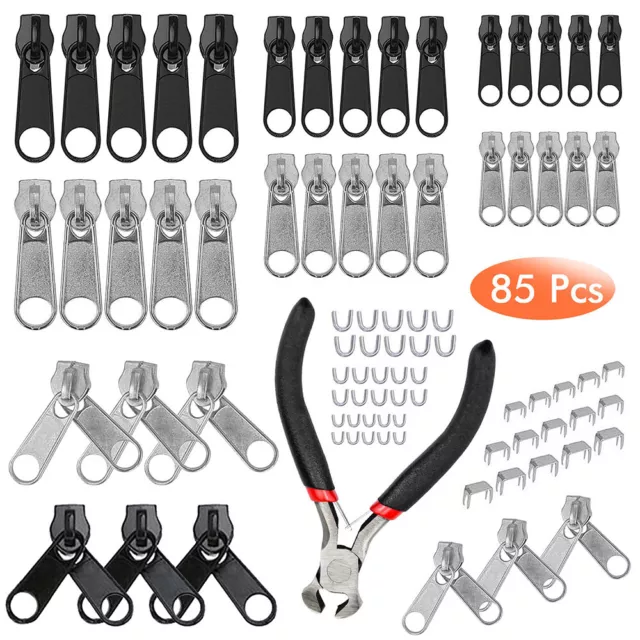 85x Reißverschluss Reparatur Set Zipper Schieber Metall Repair Ersatz & Zange