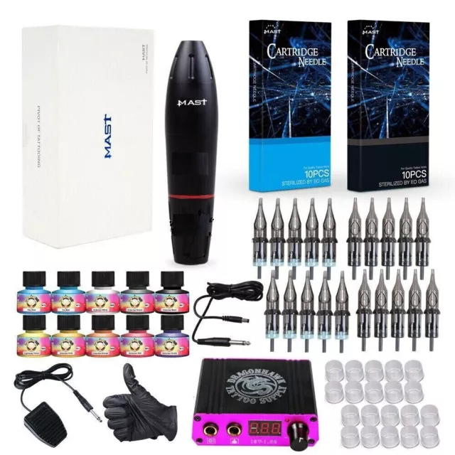 Dragonhawk Mast Tattoo Kit Motor Pen Machine Gun Color Inks Power Supply Needles