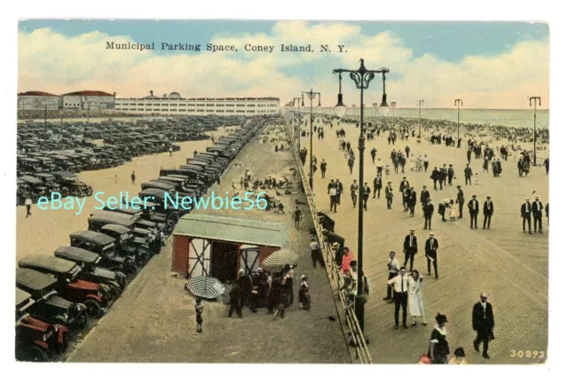 Coney Island Brooklyn NYC NY - MUNICIPAL AUTO PARKING LOT & BOARDWALK - Postcard