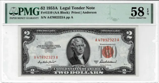 1953A $2 Legal Tender 'Red Seal' note--fr.1510---PMG Choice About UNC 58 EPQ