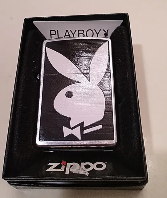 2012 Zippo Lighter Playboy White Bunny Logo on Black back ground & Chrome Case