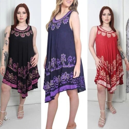 Donna Rotondo Collo Fiore Batik Stampa Ombrello Abito Fazzoletto Orlo Svasato