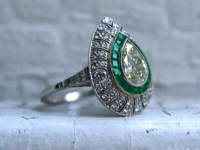 Stunning Pear Cut CZ With Green Emerald & Baguette CZ Double Halo Art Deco Ring
