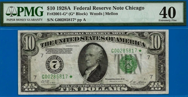 1928A $10 Federal Reserve Note PMG 40 rare PMG graded 17 Chicago star Fr 2001-G*