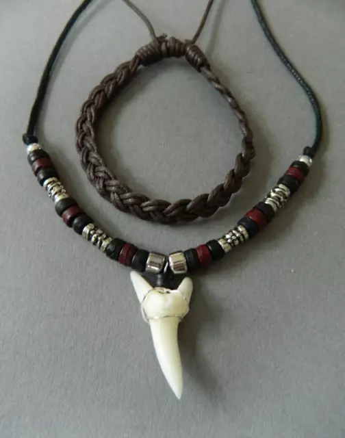 Shark Tooth Replica Necklace + Bracelet Mens Boys Black Brown Resin Sharks Teeth