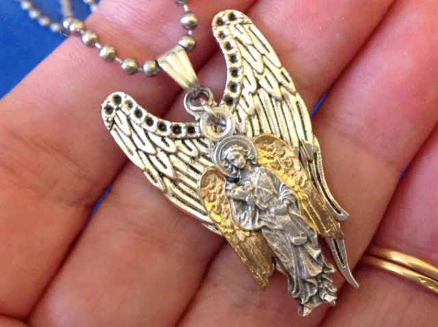 CUSTOM ARCHANGEL St GABRIEL Saint Medal NECKLACE Pendant Gold Plate Angel Wings