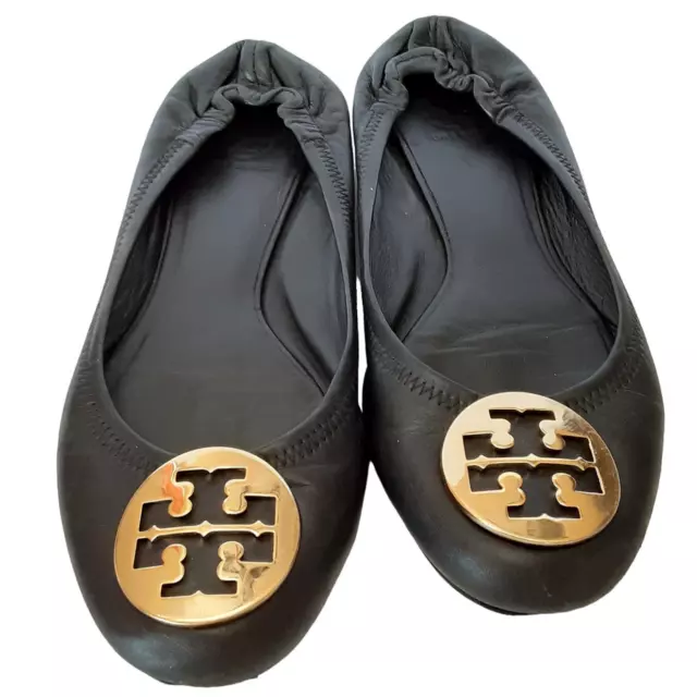 Tory Burch Minnie Travel Leather Folding Ballet Flats Black Gold Womens 10M