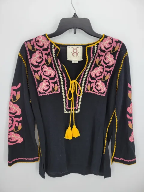 Figue Top Womens Small Black Pink Embroidered Split Neck Tassel-Tie Gauze Tunic