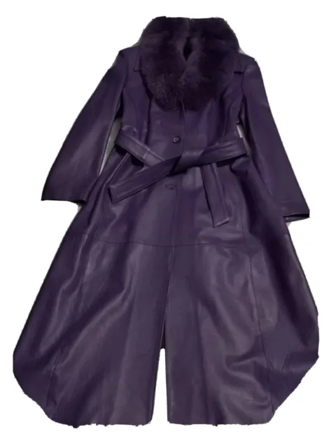 Cappotto donna lungo in vera pelle viola tg. 50 - collo di pelliccia