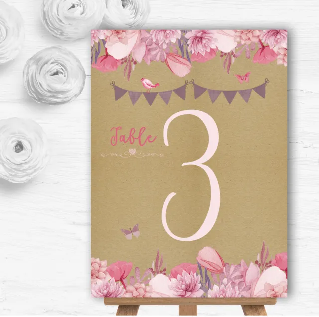 Lilac & Pink Rustic Bunting & Floral Wedding Table Number Name Cards