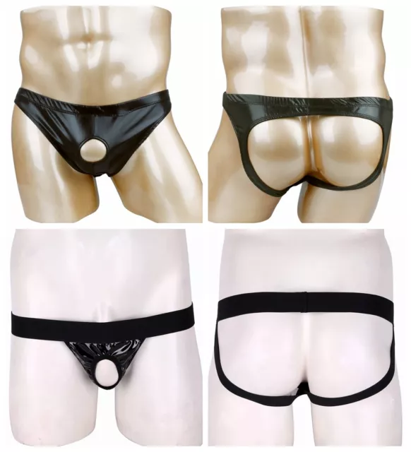 Sexy Mens Wet Look Leather Underwear Open Front Penis Hole Briefs Kinky,Knickers