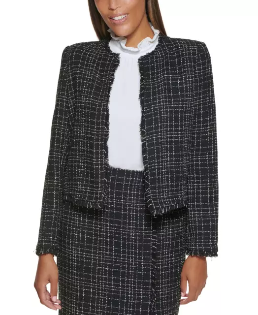 Calvin Klein Womens Size 10 Tweed Collarless Open Front Blazer Black $139