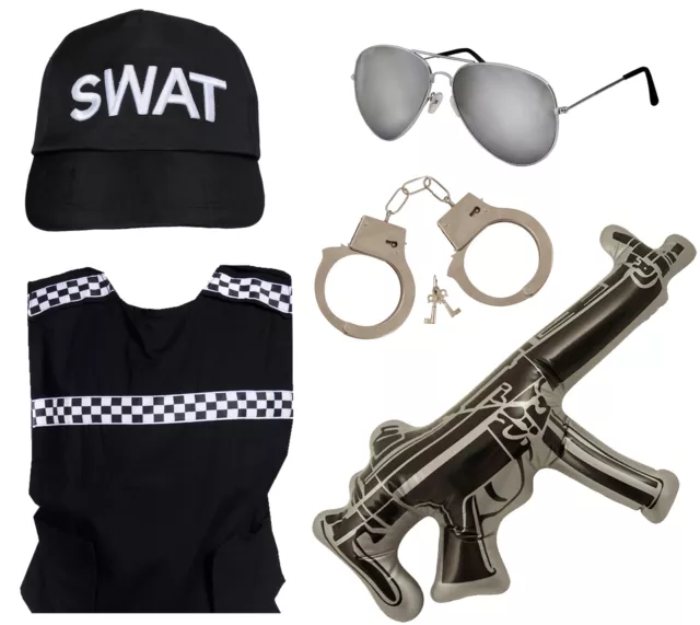 Swat Team Fancy Dress 5 Piece Cap Hat Vest Glasses Handcuffs Inflatable Gun