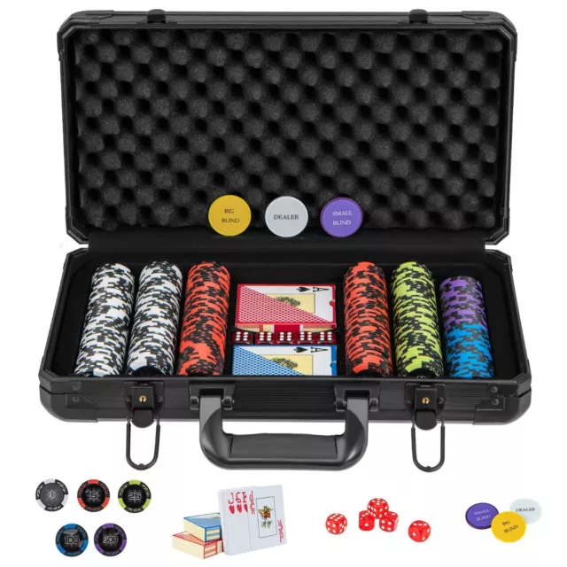 Mallette de Poker en Aluminium 300 Jetons 2 Jeux de Cartes 5 Dés et 3 Jetons de