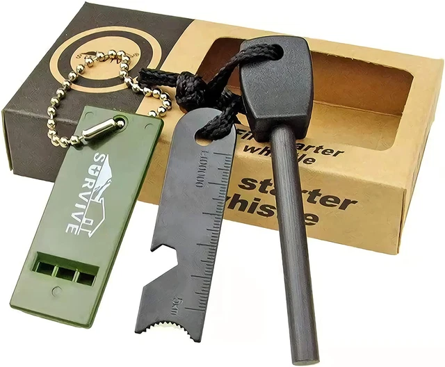 Fire Starter Stick with Striker Lanyard and Whistle Waterproof Flint Fire Steel