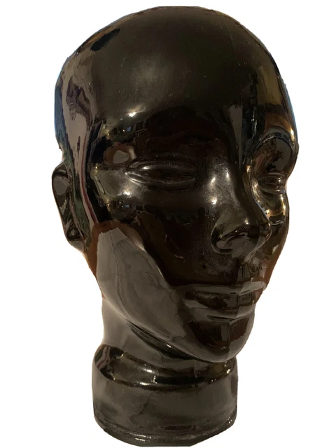 Vtg Pier 1 Black Art Glass Mannequin Head Wig Hat Display Made in Spain Alien
