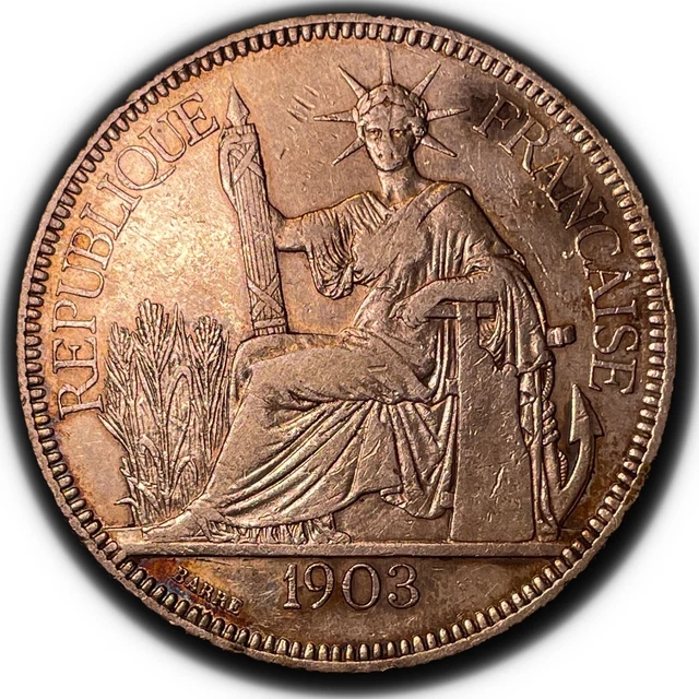 VF+ 1903 French Indo-China Piastre - Large SILVER Foreign Coin