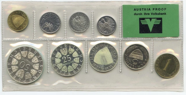 1973 Austria Proof Silver 9-Coin Set - Schilling Groschen Volksbank - E550