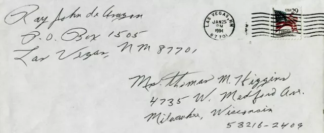 "Hispanic Author" Ray John De Aragon Hand Written Envelope Dated 1984