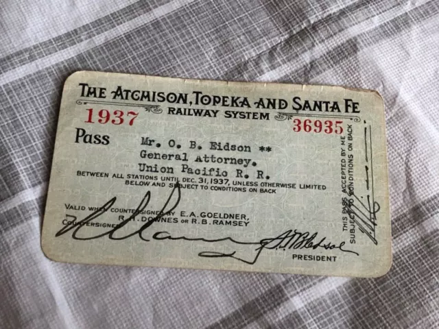 1937 ATSF Atchison Topeka & Santa Fe Railroad Employee Annual Pass for UPRR emp!