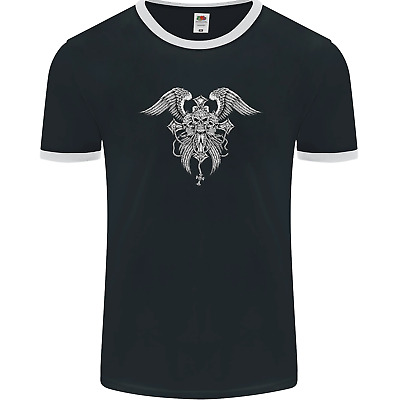 T-shirt Ringer Uomo Cross Skull Wings Gothic Biker Metallo Pesante FotoL