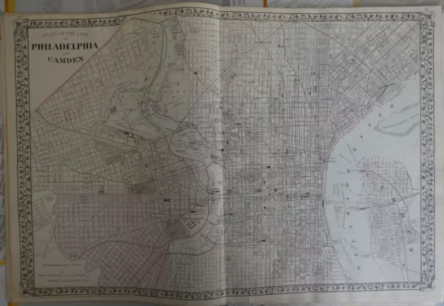 Grande Carte issue atlas Mitchell 1880 :  plan de philadelphia et camden