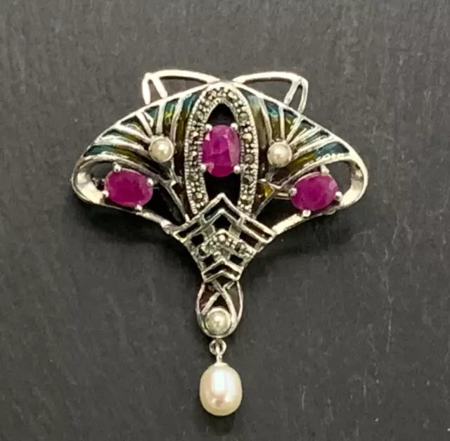Broche Art Nouveau Rubis, Markassite, Perle & Émail 925er Argent