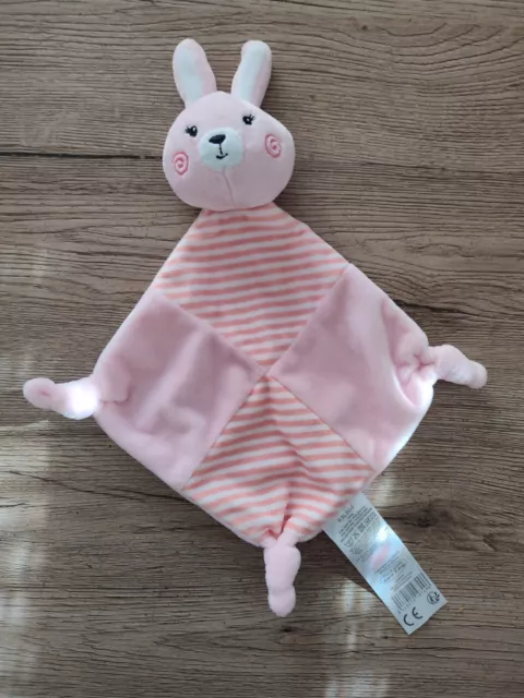 Doudou Tom Et Kiddy Lapin Plat Rose Blanc Raye Grelot  Etat Neuf