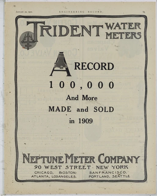 1910 NEPTUNE METER Co. Ad Trident Water Meters 100,000 Made in 1909