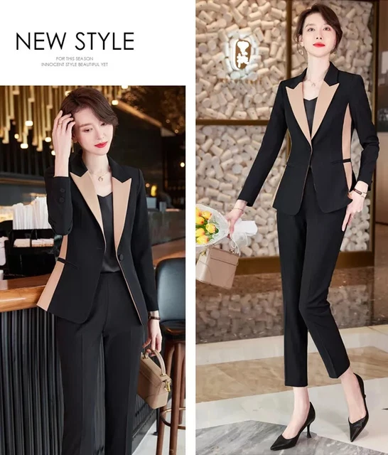 Costume Tailleur Femme DEGRIFFES - Veste Longue + Pantalon - Soie Satinée Rayures Noir - Taille 42 - Neuf Avec étiquettes