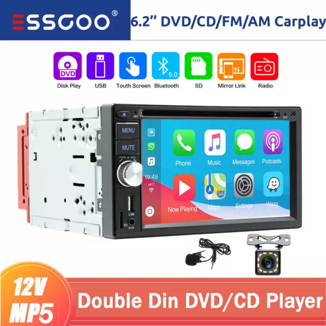 2 DIN Autoradio Carplay Android Auto MIC&Camera Kit CD DVD RDS FM 3USB Bluetooth