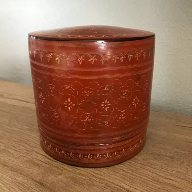 Round Vintage Burmese Red LacquerWare Betel Box Asian Decor