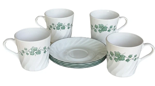 Corning Corelle Original CALLAWAY Green Ivy  Coffee Cups & Saucers Set of 4 USA