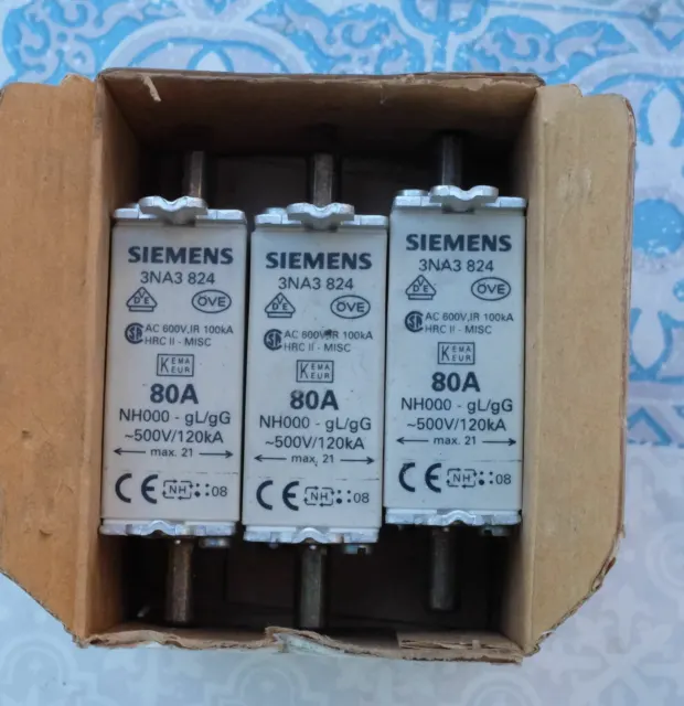 3X Siemens 3NA3824 fusible 80A taille 000 gG 500V Lot de 3 4
