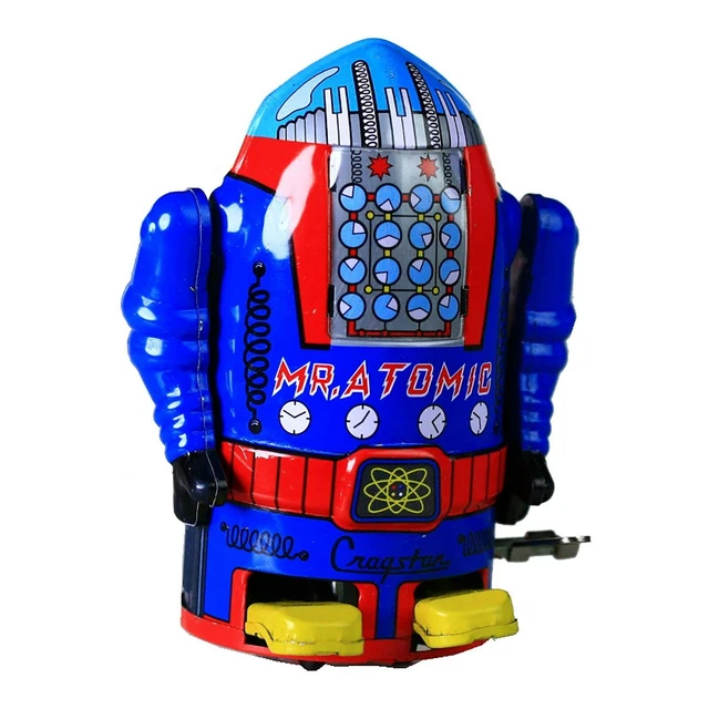 VINTAGE MR ATOMIC Robot Wind Up Tin Toy Retro Blue Collectable