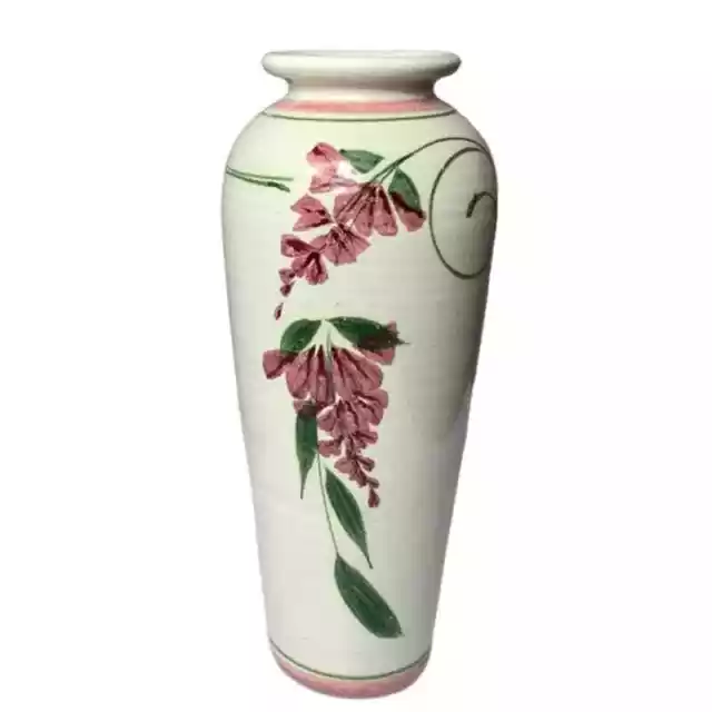 Vintage Stoneware Vase Studio Pottery Hand Painted Floral Majolica Art Deco Pink