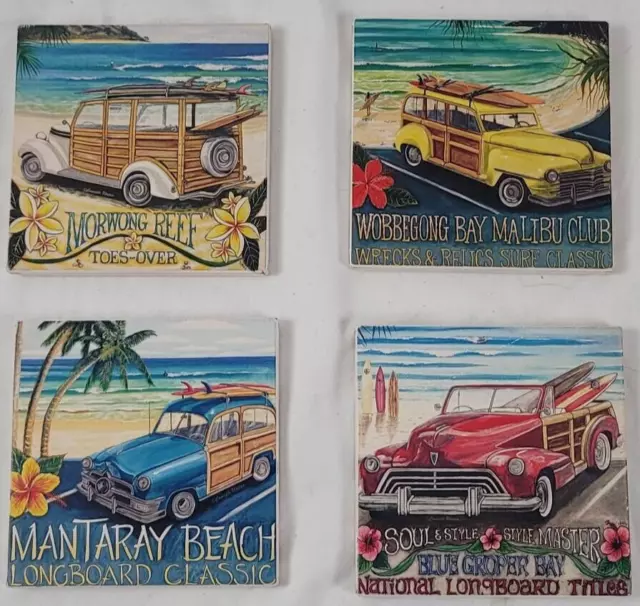 Coaster square collectible tile 4 x4 Antique cars woodie surfboard ocean waves