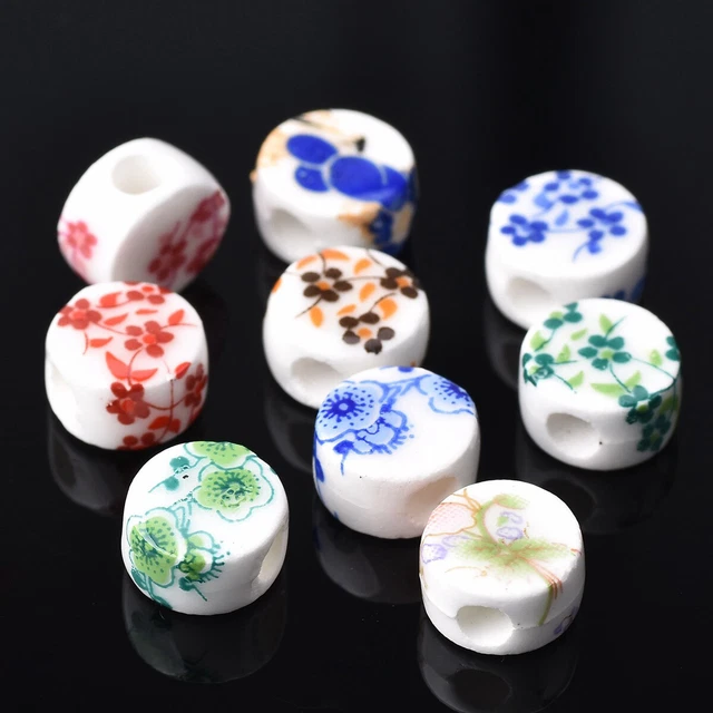 20 Stück Flache Runde Blume Muster 8.5x5.5mm Keramik Porzellan Lose Perlen