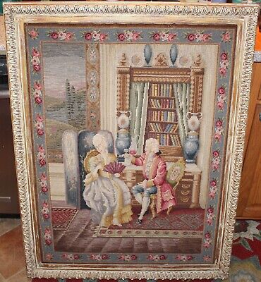 Large Victorian Style Needlepoint Tapestry Framed George Martha Washington Color