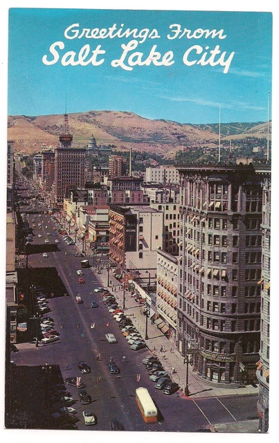 Main Street Greetings SALT LAKE CITY Aerial View Utah Postcard UT Vtg Cars 1963
