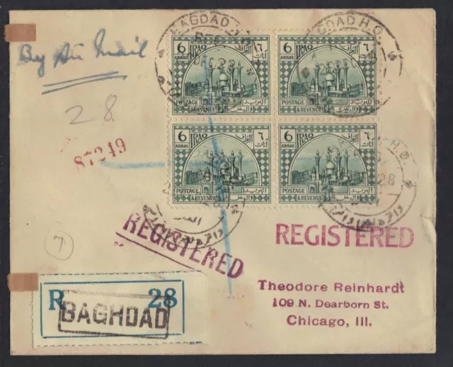 Irak 1928 Lettre Recommandée Poste Aérienne Bagdad To Chicago Affranchis * /