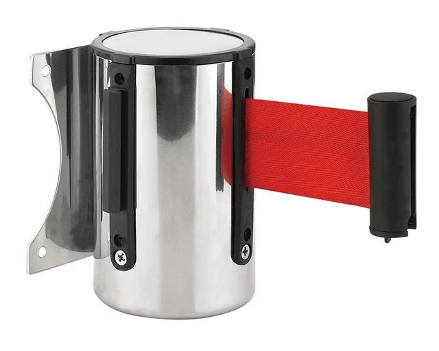 Stanchion Queue Barrier Post Wall Mount Retractable Ribbon 16' Belt RED