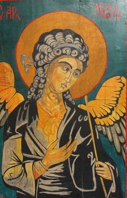 Vintage hand painted tempera on wood icon Archangel Michael