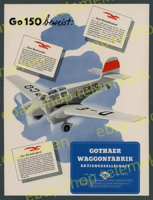 Reklame Gothaer Waggonfabrik Kleinflugzeug Go 150 Prototyp D-ERCQ Luftfahrt 1939