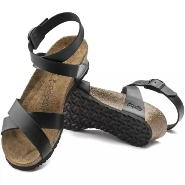 Birkenstock Papillio Lola Ankle Strap Black Wedge Sandals 39 Narrow US 8-8.5 NEW